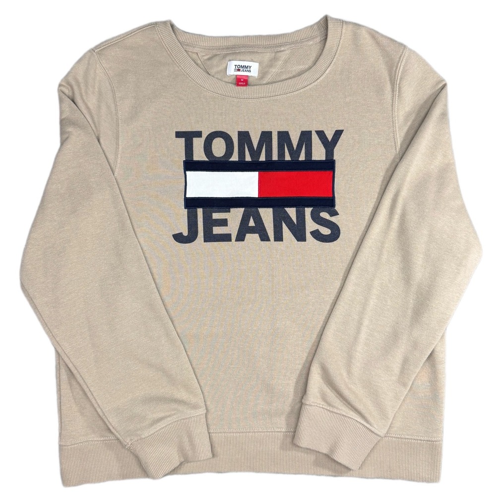 Tommy Jeans Crewneck Sweatshirt Men's Medium Beige Flag Logo Spellout‎ Pullover